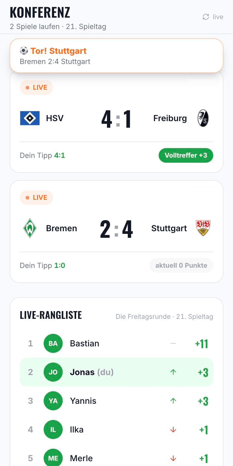 Live-Ansicht mit laufendem Spiel und sich verschiebenden Plätzen
